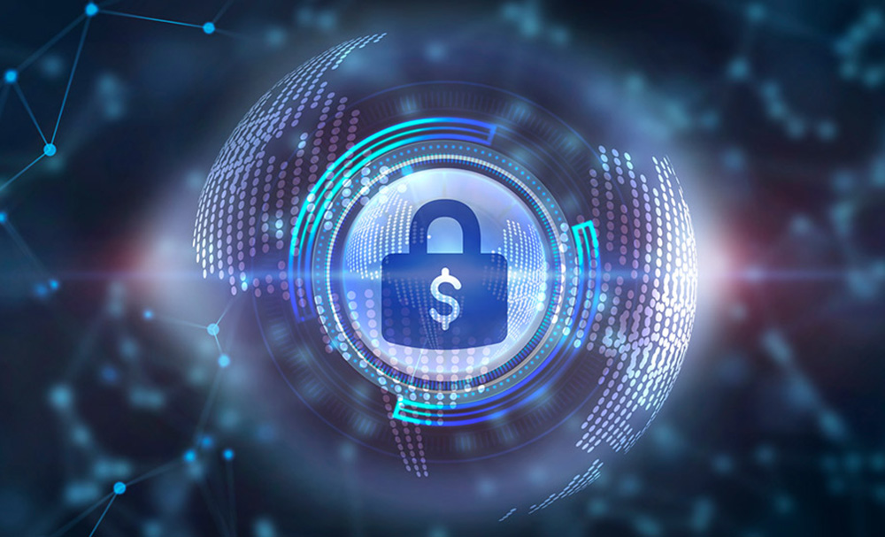 Cyber security data protection business technology privacy concept. Young businessman select the icon security on the virtual display.