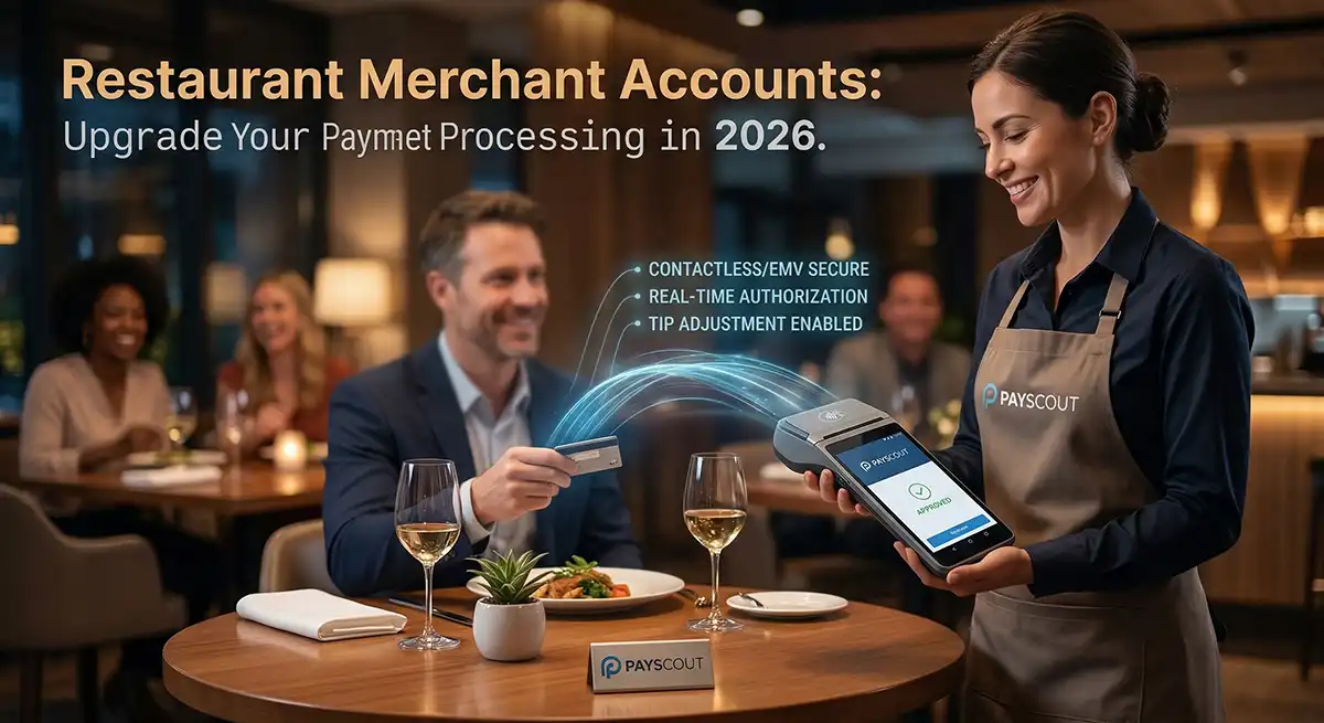 A server using a mobile POS tablet to process a secure credit card payment at a restaurant table.