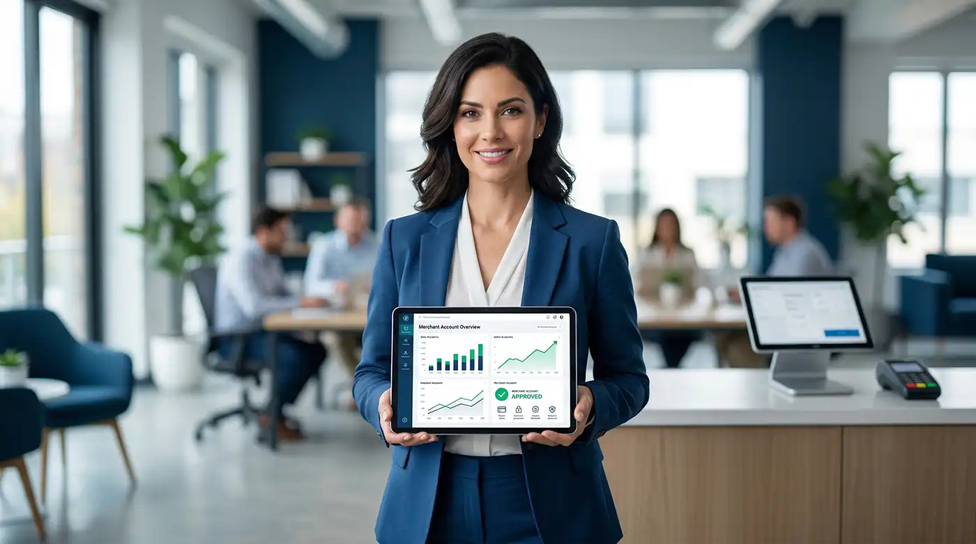 A confident business owner reviewing a digital merchant account dashboard on a tablet, symbolizing secure payment processing and business growth in 2026.
