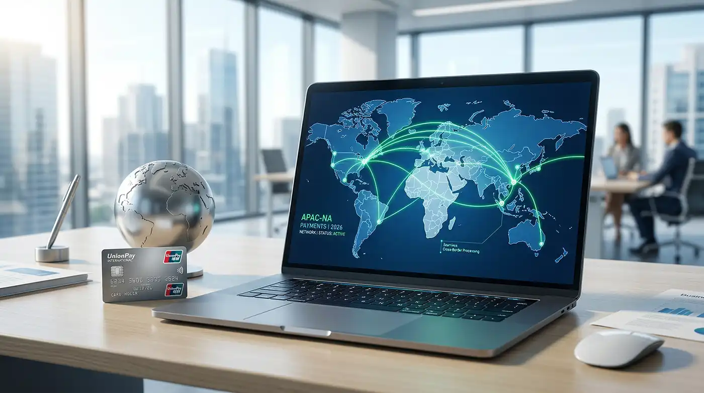 A modern laptop on a desk displaying a glowing digital map connecting the U.S. and Asia, symbolizing seamless cross-border UnionPay payment processing.