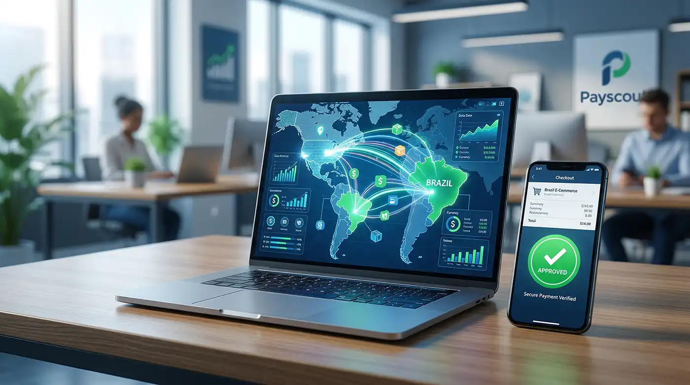 A modern laptop displaying a glowing digital map connecting North America to Brazil, symbolizing seamless cross-border e-commerce payment processing.