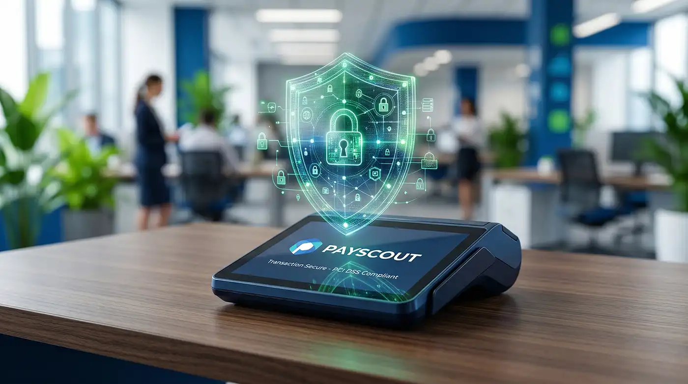 A glowing cybersecurity shield over a digital payment terminal, representing secure, compliant payment processing for high-risk businesses.
