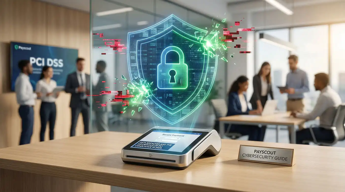 A glowing holographic padlock and cybersecurity shield hovering over a modern payment terminal, symbolizing PCI compliance and data breach protection.