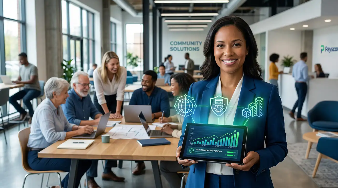 A diverse group of small business owners using a secure digital payment terminal, symbolizing the fintech industry expanding financial access for underserved communities.