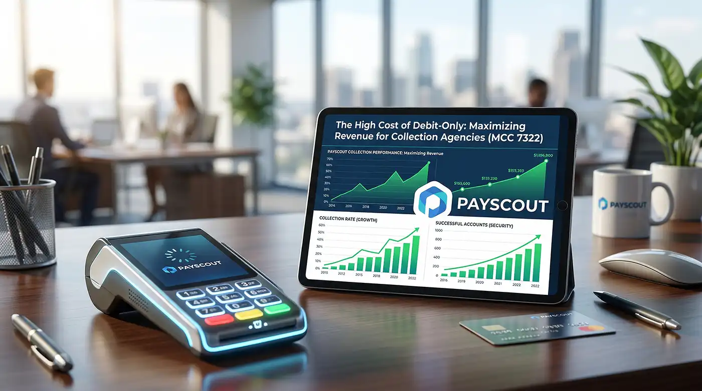 A financial professional reviewing a digital payment dashboard showing increased revenue and credit card acceptance for an MCC 7322 collection agency.