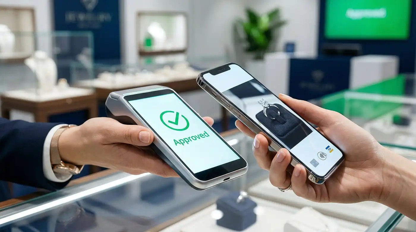 A business professional using a modern mobile payment processing device to accept a seamless contactless transaction in a modern retail environment.