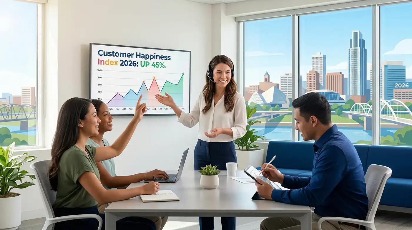 A diverse, professional B2B team in a modern Omaha, Nebraska, office providing exceptional customer service with warm smiles and advanced technology in 2026.