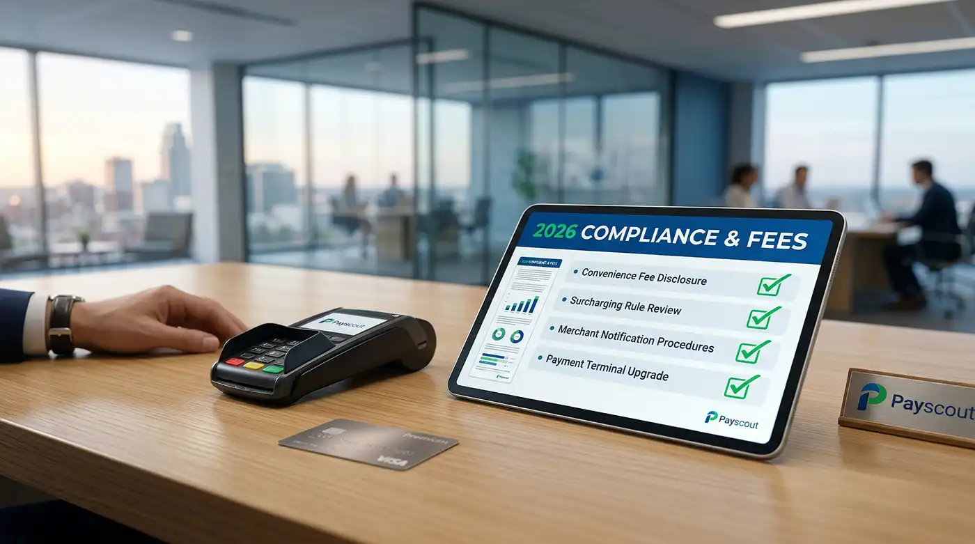 A business professional reviewing a digital compliance document on a tablet showing 2026 credit card convenience fee guidelines next to a secure payment terminal.