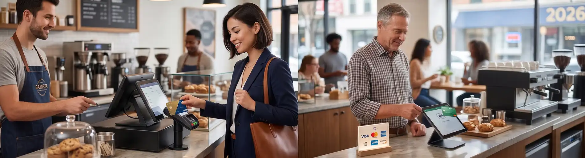 A modern, brightly lit B2B conceptual photo of a small business owner smiling while holding a sleek point-of-sale terminal, symbolizing secure credit card processing and improved cash flow for small businesses in 2026.